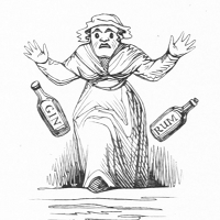Grabado de mujer, con expresión de sorpresa en la cara, dejando caer una botella de ginebra y una botella de ron.