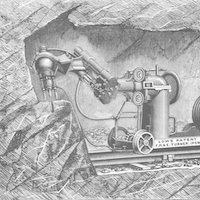 Black and white illustration of a rock-boring winch operating in an underground tunnel