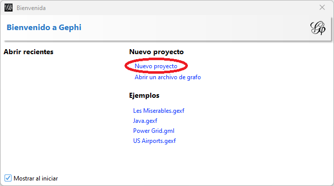 Captura de pantalla de la ventana de bienvenida al programa Gephi, con las opciones de crear un nuevo proyecto, abrir recientes o proyectos de ejemplo