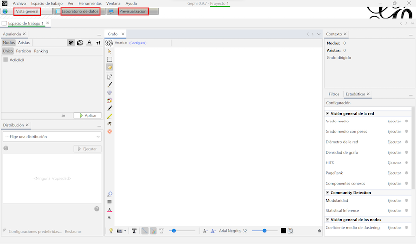 Captura de pantalla de la pantalla principal del programa Gephi, la llamada vista general