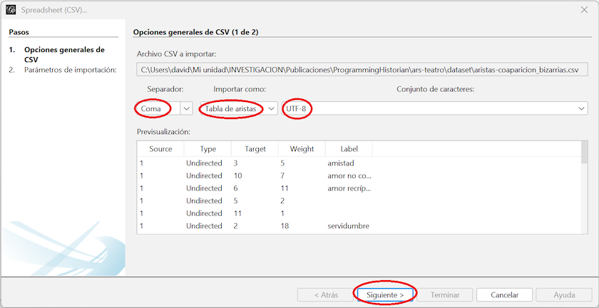 Captura de pantalla de la ventana de importación de hojas de cálculo con las opciones generales de importación desde archivos CSV para la lista de aristas
