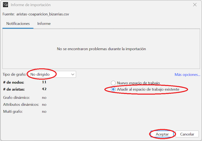 Captura de pantalla del informe de importación de una lista de aristas, con opciones finales como seleccionar el tipo de grafo o en qué espacio de trabajo se quiere realizar la importación