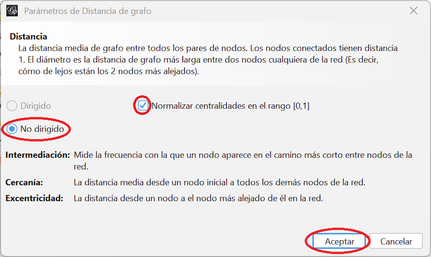 Captura de pantalla de la ventana de parámetros que se abre para ejecutar las medidas de distancia de un grafo