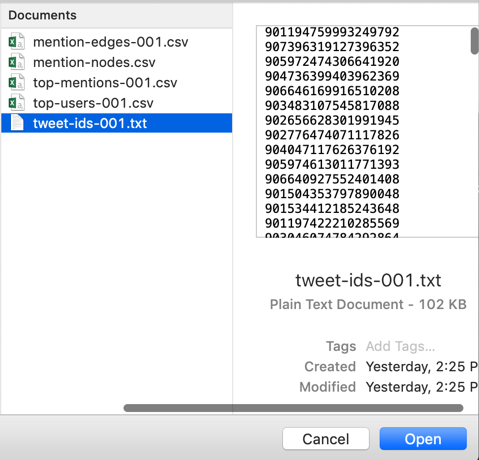 The tweet ID file looks like a series of 18 digit numbers. It's probably the only .txt file in those you downloaded from TweetSets.