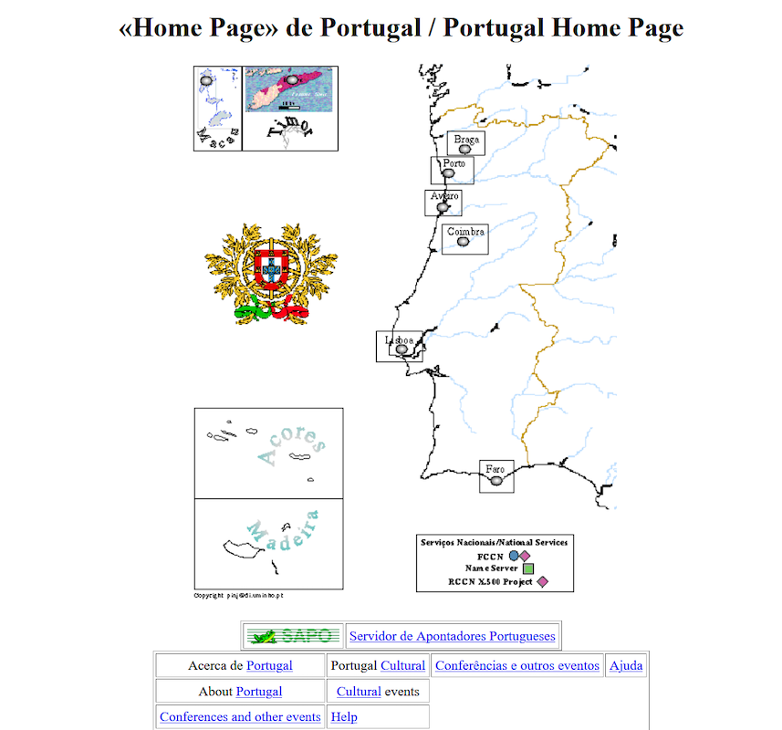 Capture of the first website available in Portuguese with a map of Portugal, from 1996