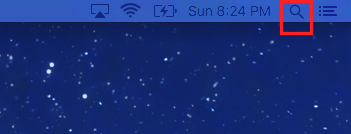 O ícone de lupa que permite pesquisar um computador Mac está no canto superior direito da tela do computador