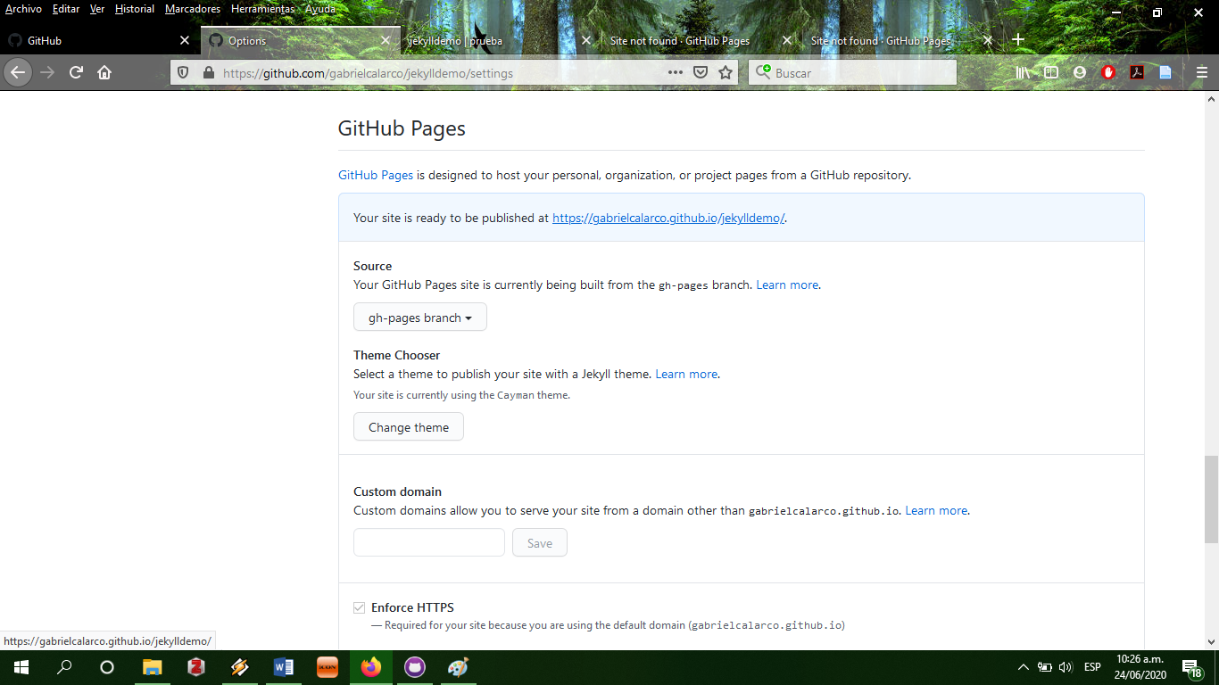 Sección de GitHub Pages en las opciones de GitHub.