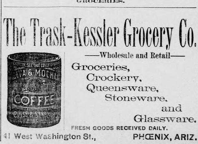 A black and white image of a newspaper advert. The image contains an illustration of a coffee tin on the left of the advert.