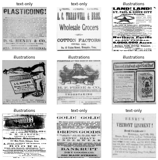 The output of show batch. The output is a 3x3 grid of images of newspaper advertisements with labels above them indicating if the advertisement is 'illustrated' or 'text-only'