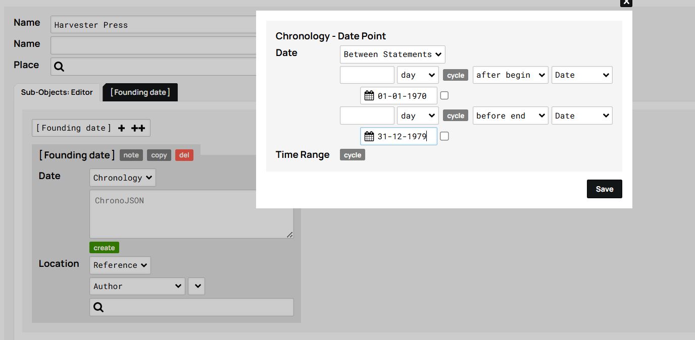 The 'Chronology' tab for 'Between statements', with two boxes for inserting a date in order to create a period between the two dates