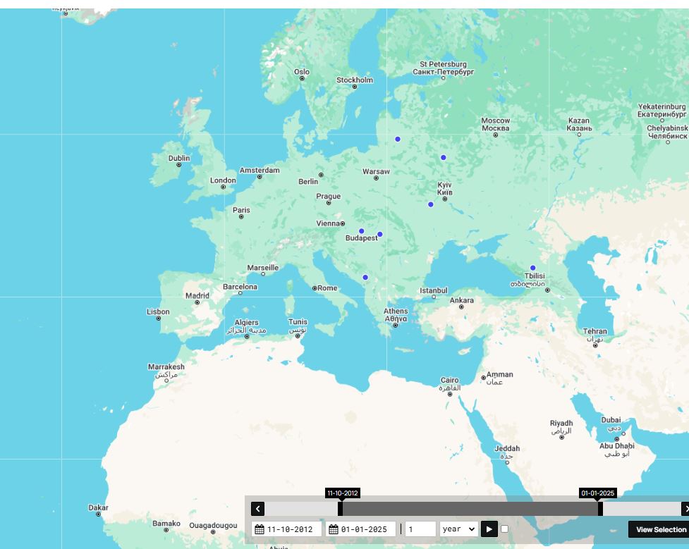 A geographical map of Europe with blue dots marking the places of birth of our dissident authors from Eastern Europe