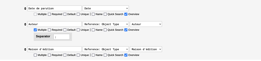 Case de l'attribut 'Auteur' avec l'option Reference: Object Type et avec un séparateur