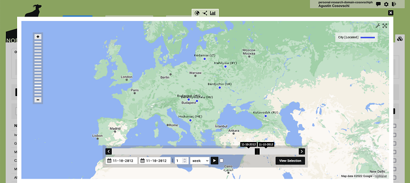 Carte d'Europe avec des points sur les villes de naissance des auteurs en Europe de l'Est