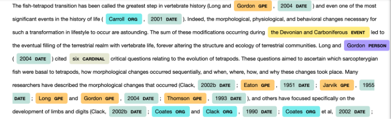 Visualization of a student text paragraph with named entities labeled and color-coded based on entity type.