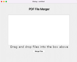 Application window with centered title text that reads PDF File Merger. Directly below is a white drag-and-drop box for files. Near the bottom of the window is a push button that reads Merge Files.