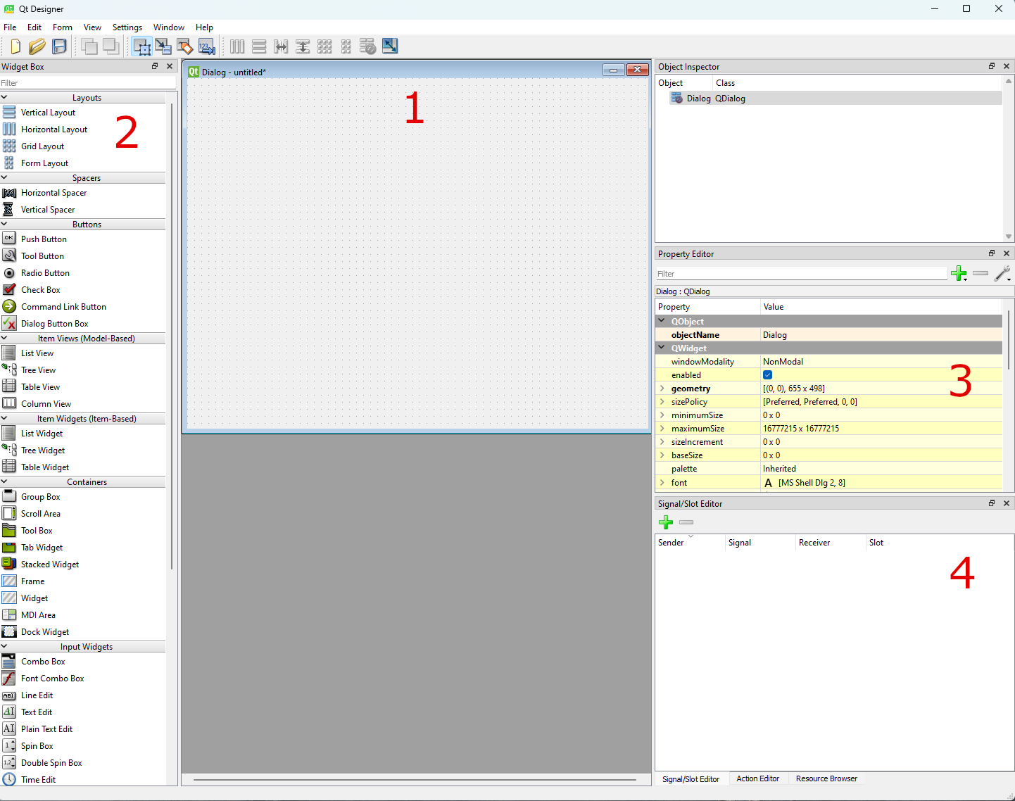 Qt Designer application window containing four numbered rectangular windows. One: GUI interface editor. Two: Widget Box. Three: Property Editor. Four: Signal and Slot Editor.