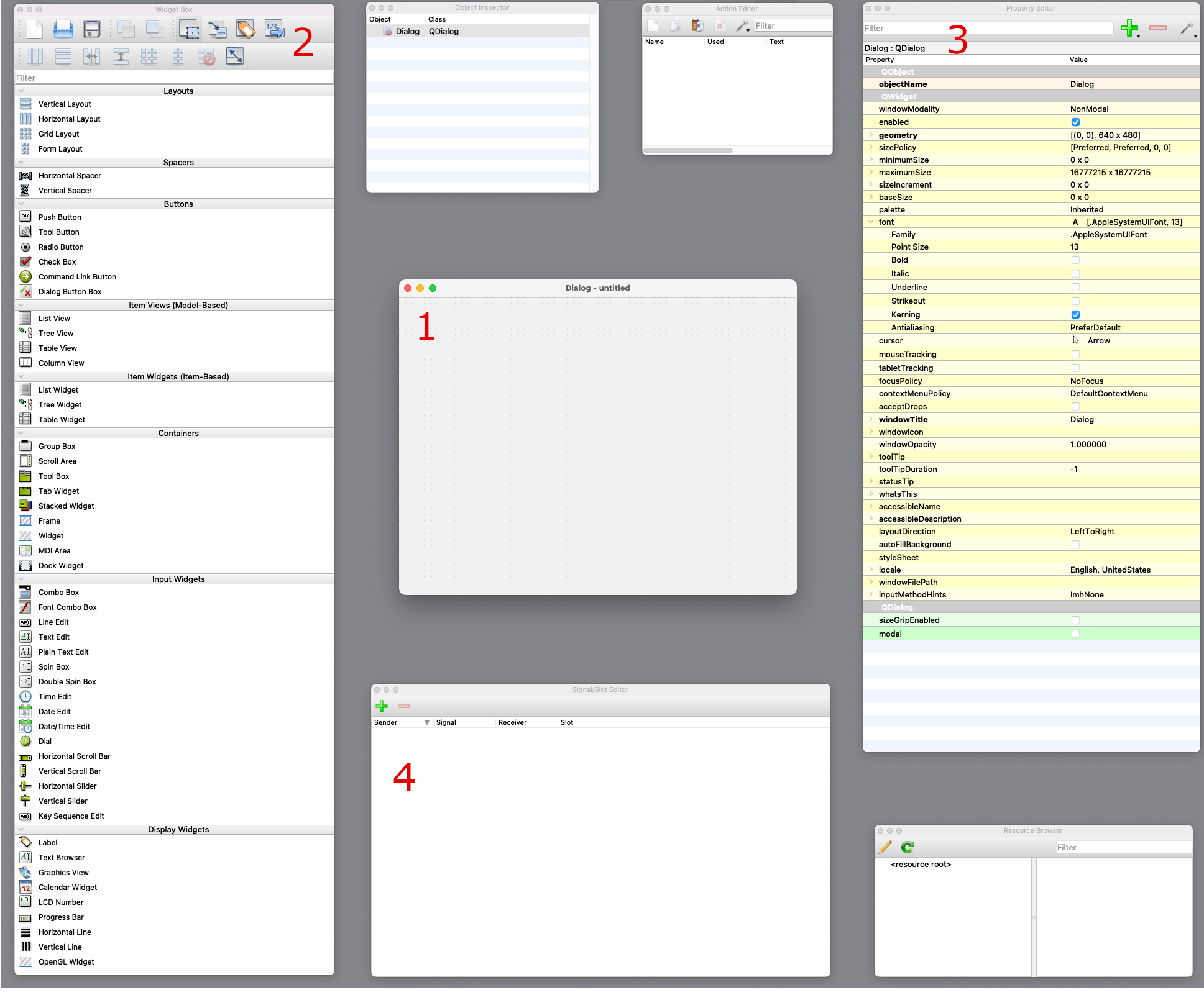 Qt Designer application containing four numbered rectangular windows. One: GUI interface editor. Two: Widget Box. Three: Property Editor. Four: Signal and Slot Editor.