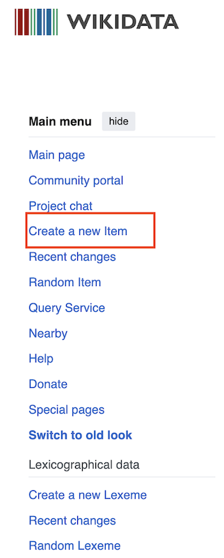 Left-side menu on Wikidata’s homepage showing the option to create a new item.