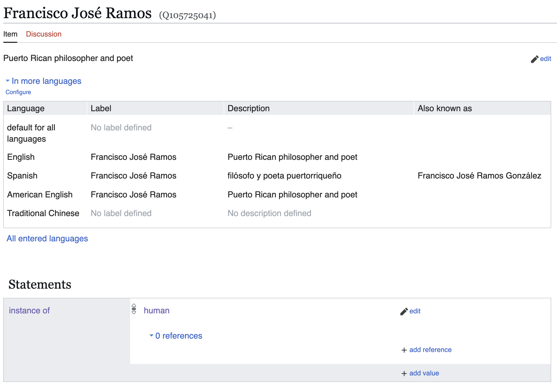 Item for Francisco José Ramos showing the first statement as 'instance of: human'.