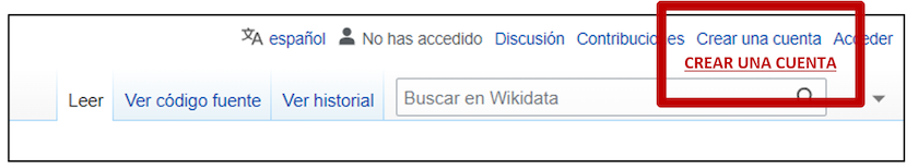 Menú de la parte superior derecha de la página principal de Wikidata con el apartado para crear una cuenta de usuario