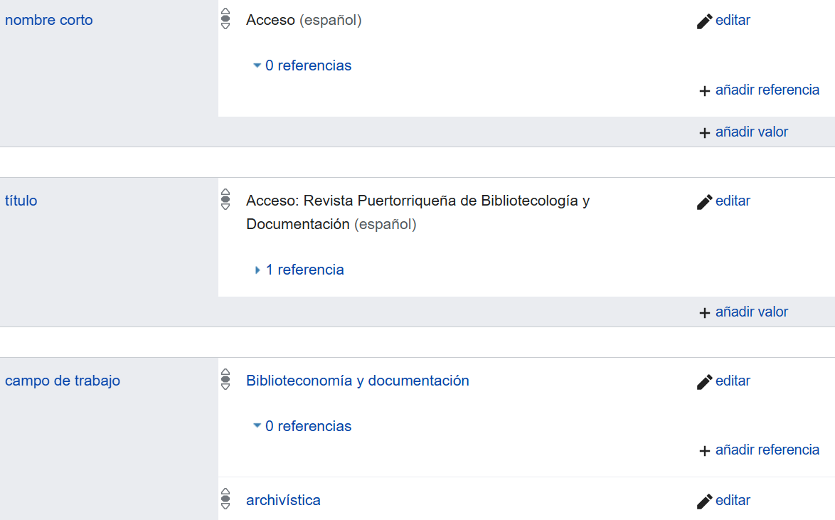 Elemento para la revista '_Acceso_' con tres propiedades y sus valores relacionados