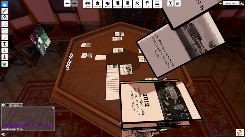 A screenshot of Tabletop Simulator that features an image of an octagon-shaped wooden table obscured by Timeline cards falling through the air.