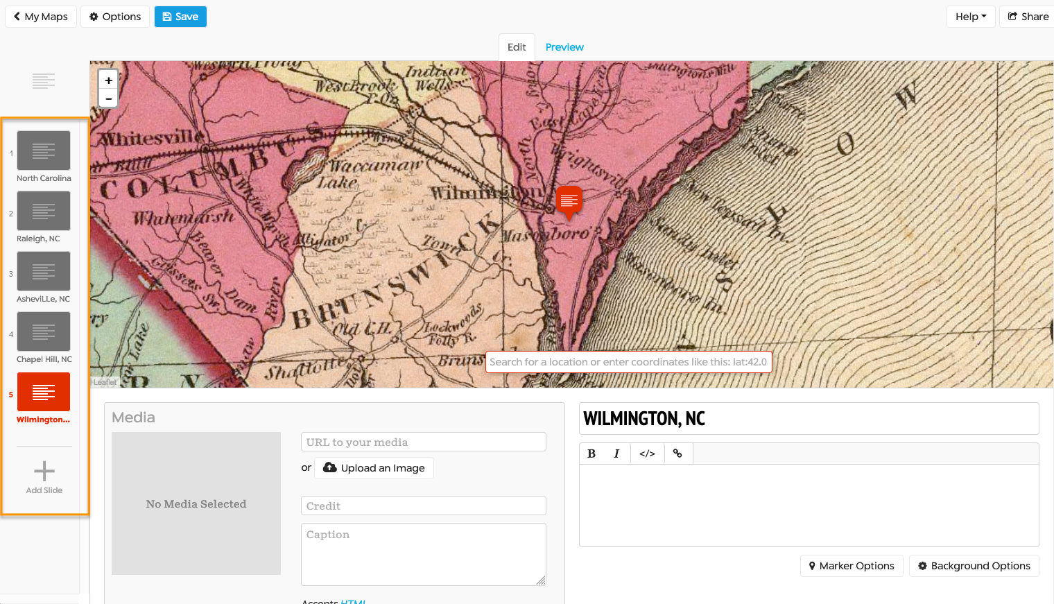 Adding new slides and searching for locations will display zoomed-in areas on your map.