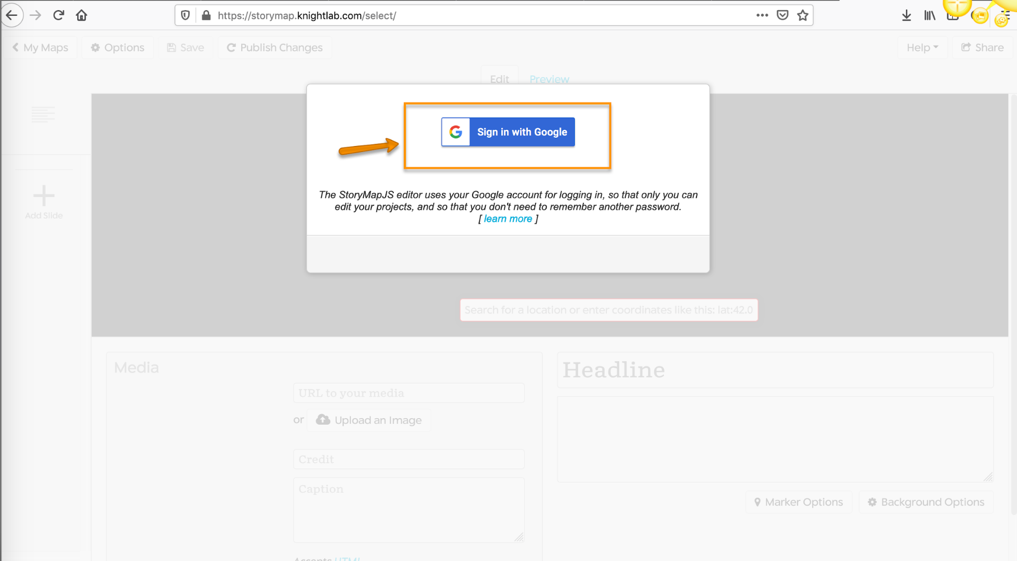 StoryMap JS: Sign in with Google.