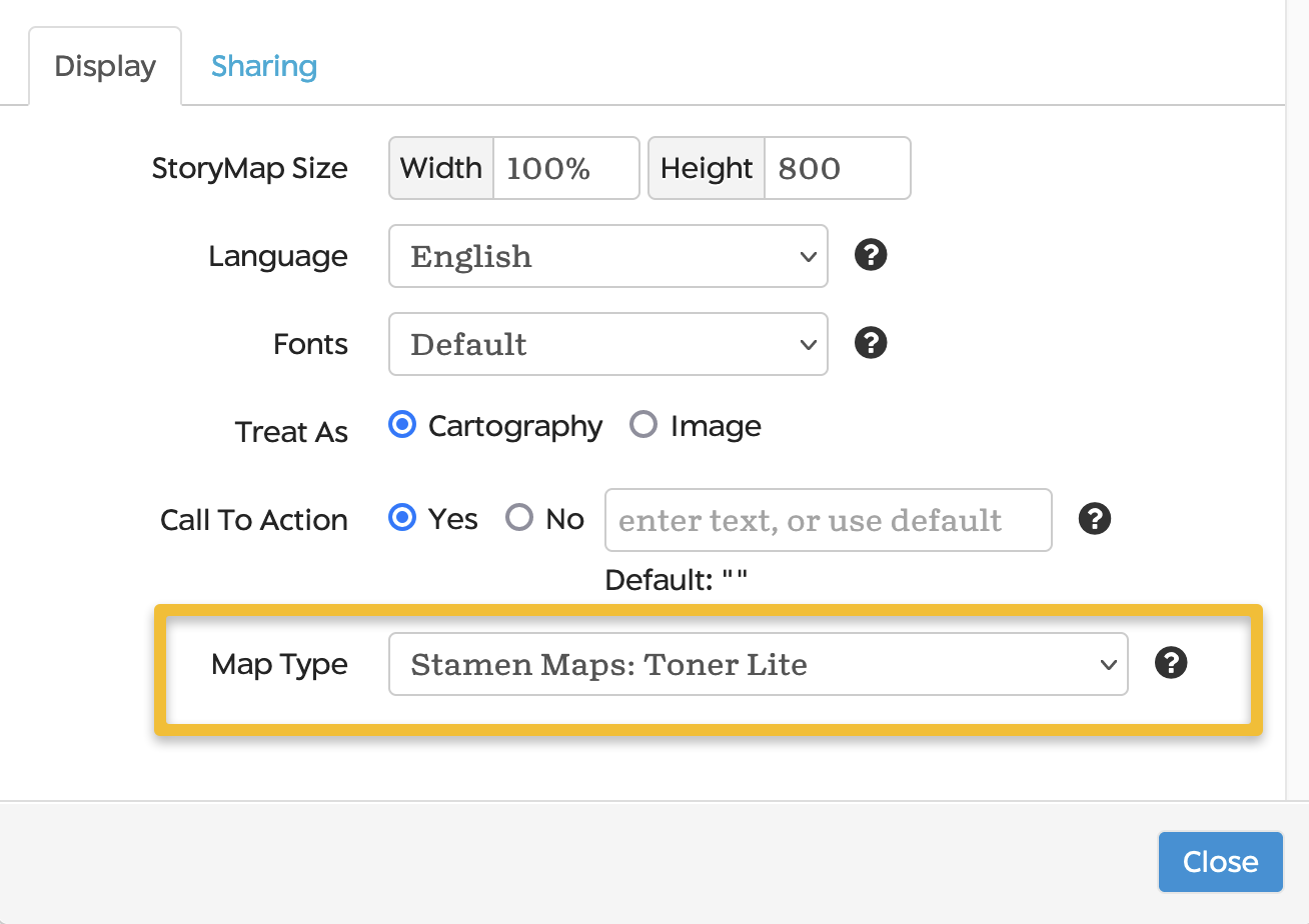 The Options dialog box allows you to change the Map Type or basemap.