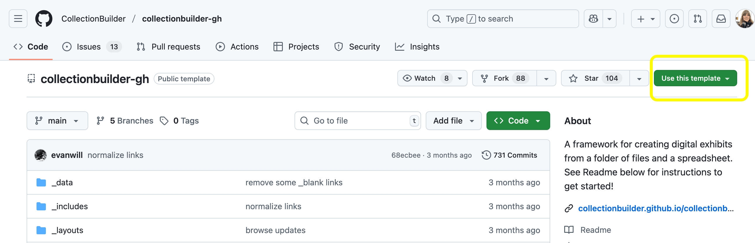 Screenshot of the CollectionBuilder GitHub repository with the _Use this template_ button highlighted.