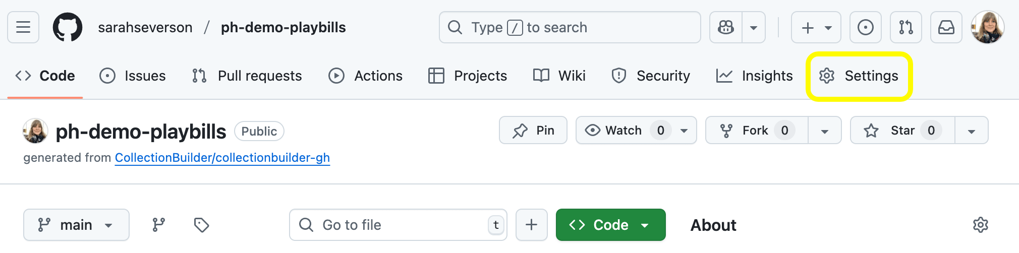 Screenshot of GitHub demo repository page with the _Settings_ button highlighted.