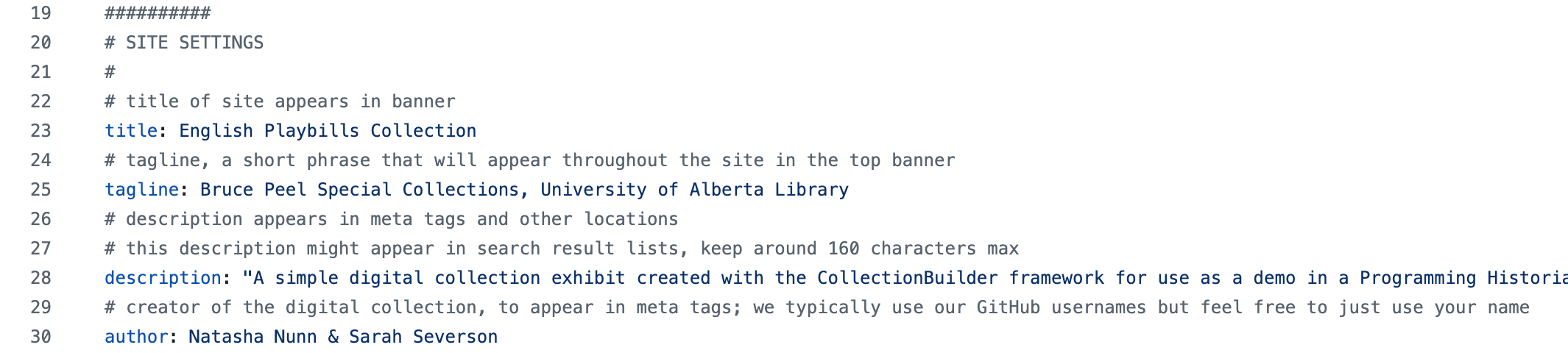 Screenshot of the relevant text to update your site's title, tagline, and description in the config.yml file.