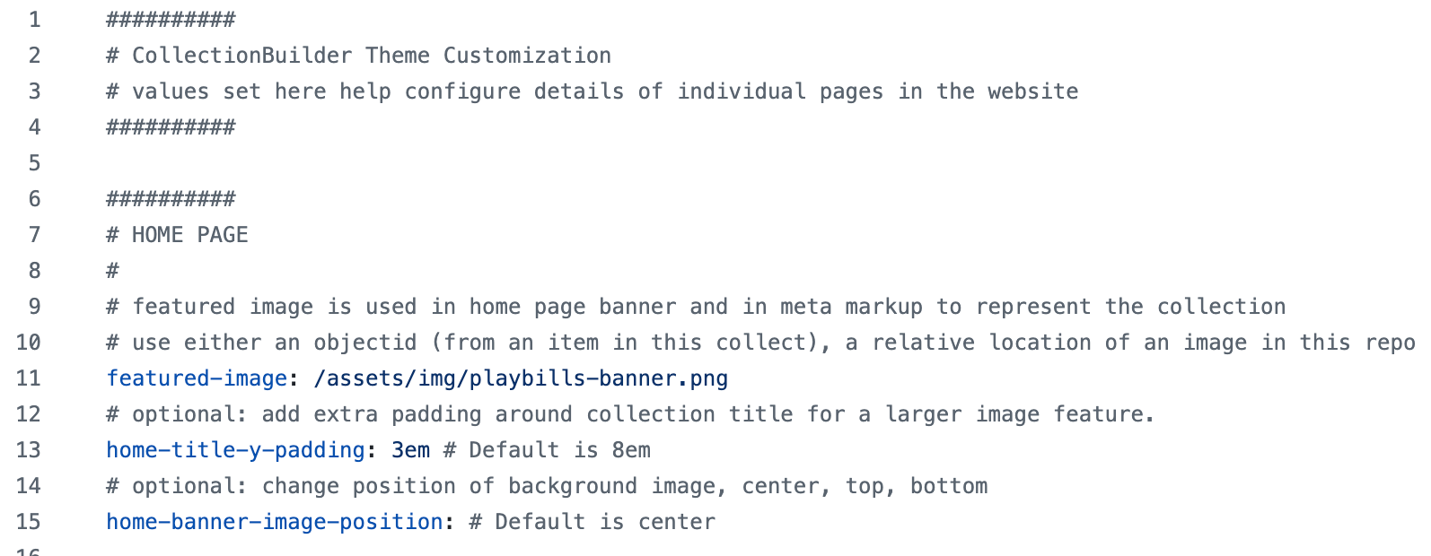 Screenshot of the relevant text in the theme.yml file for configuring the display of the banner image if you are not using an object from your collection.