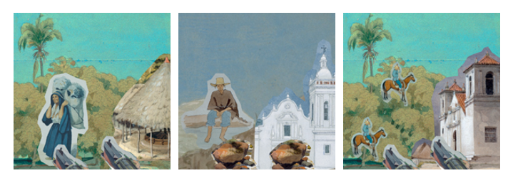 Una secuencia de imágenes que muestran composiciones compuestas de recortes de dibujos de paisajes, personas y objetos