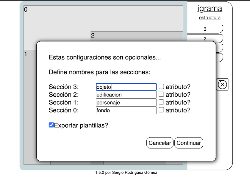 Una captura de pantalla de la interfaz de la sección de estructura igrama: un menú en el que se pueden poner nombres a las secciones y un botón que exporta las secciones