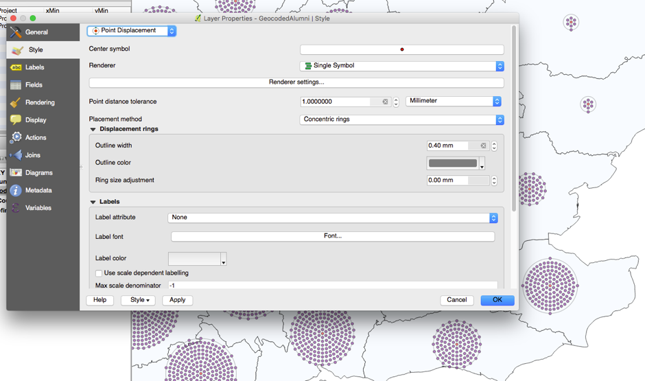 Figure 8: The layer properties Style tab, showing point displacement styles, depicting points that actually overlap at precisely the same location