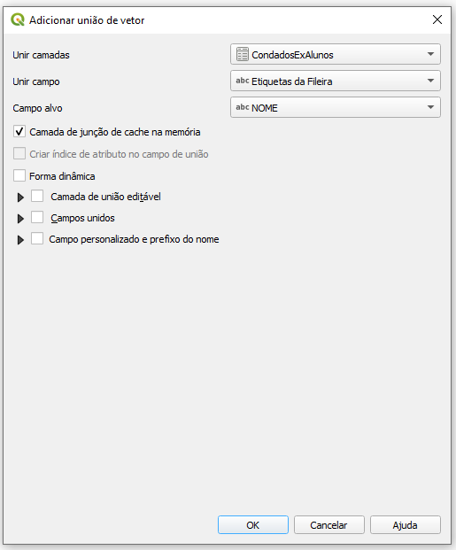 Caixa de diálogo 'Adicionar união de vetor' com três menus dropdown. No dropdown 'Unir camadas' está selecionado o arquivo 'CondadosExAlunos'; no dropdown 'Unir Campo' está selecionado 'Etiquetas da Fileira'; e no dropdown 'Campo Alvo' está selecionado 'NOME'. Somente a opção 'Camada de junção de cachê na memória' está assinalada.