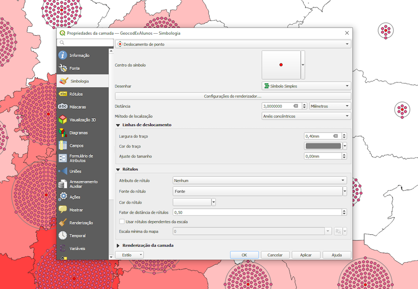 Janela Propriedades da camada - GeocodExAlunos - Simbologia' com a opção Deslocamento de ponto selecionada.