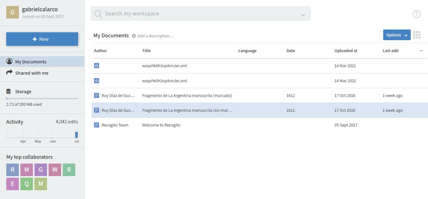 Posición de las opciones de Named Entity Recognition en el menú de Recogito