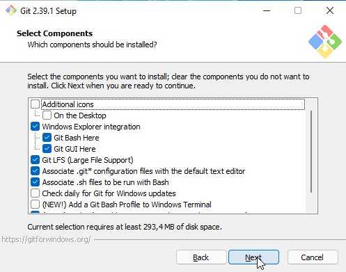 Captura de tela da instalação no Windows mostrando os componentes a serem instalados.