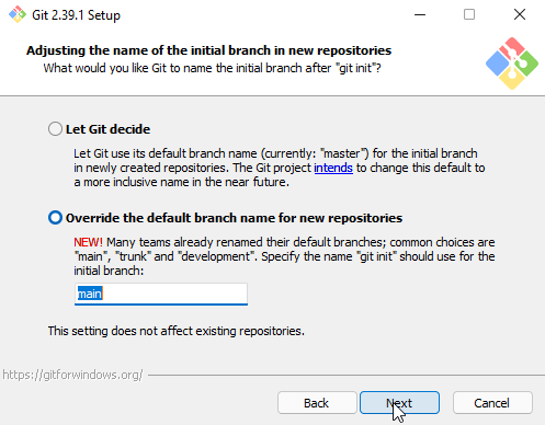 Captura de tela da instalação no Windows mostrando a definição do nome do branch.