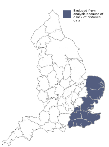 Figure 4: A map of historic English counties, showing counties excluded from the analysis