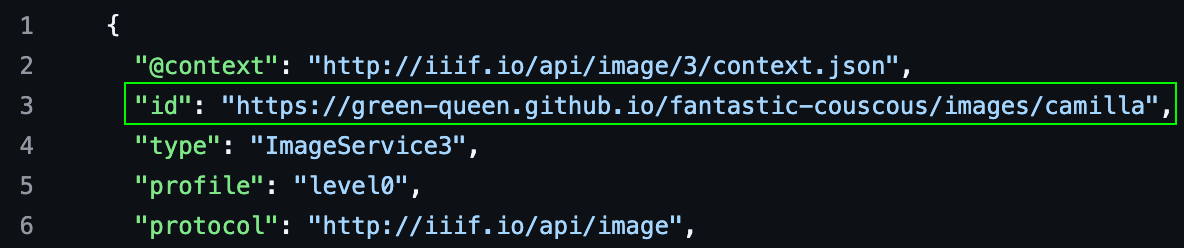 Part of an info.json file for a IIIF image. Line 3 starting with 'id' is highlighted to show the edited image URI.
