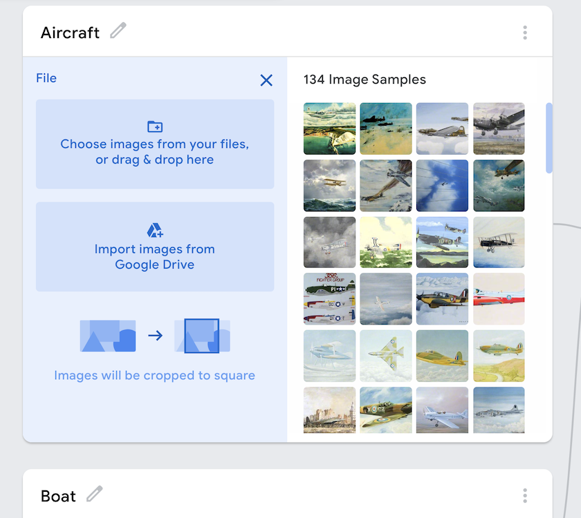 
An image showcasing the Google Teachable Machine interface. On the left, there is an option to upload files and on the right are all the images of aircraft currently being loaded. The label has been changed to aircraft.