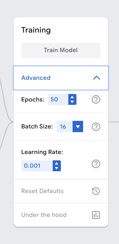 Showcases the advanced settings tab. There are options that the user can set through a drop down menu for epochs, batch size, and learning rate