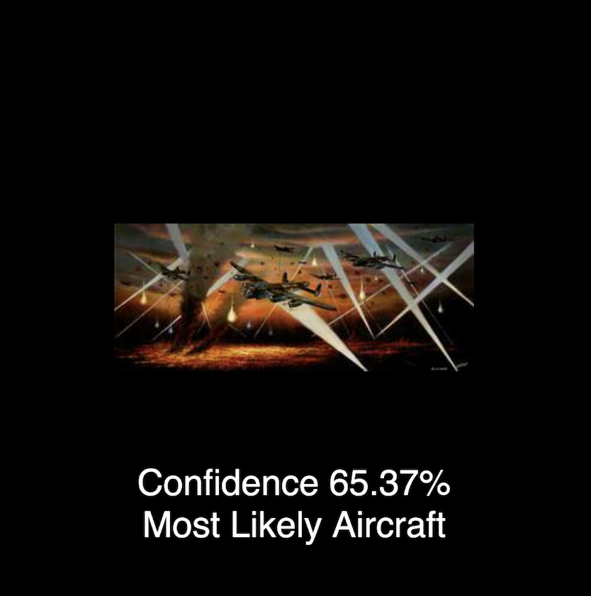 A picture of a series of planes engaging in battle is shown. Underneath the confidence of the image is displayed as 65.37% and the words 'Most Likely Aircraft'
