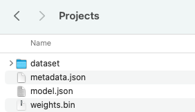 An image of a directory in macOS Finder showing the following files: metadata.json, weights.bin, and model.json. A directory entitled dataset is also available