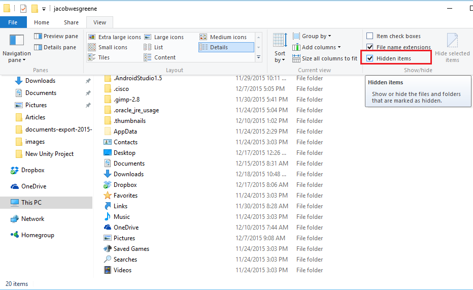 Check the 'Hidden items' box in your file explorer View options.