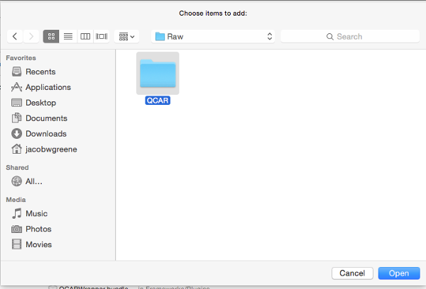 Locate the folder named 'QCAR' and add it to your Xcode project.