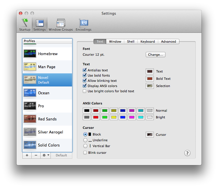 Figure 4. The Settings Screen on the OS X Terminal Shell Application